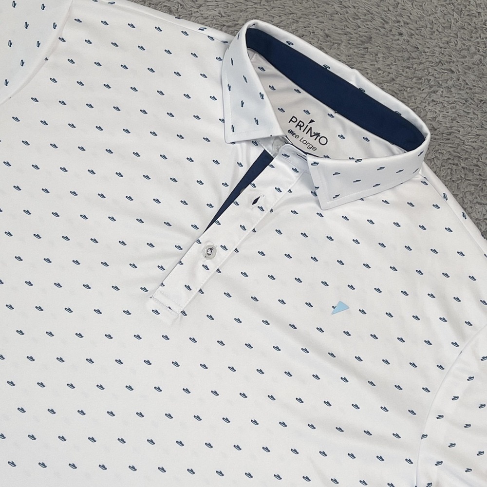 Primo Polo Shirt Mens L White Boat Print Golf Nautical Jersey Performance Casual